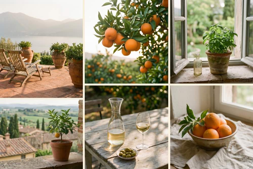 A six-panel mood board: a sunlit Italian terrace, an orange tree, basil on a windowsill, a citrus pot above a Tuscan valley, white wine on a rustic table, and a bowl of oranges