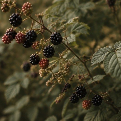 Ripe blackberries on a tangled hedgerow bramble in late-summer light