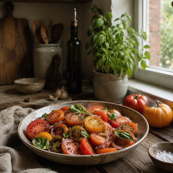 A heirloom tomato and basil salad on a rustic table by a kitchen window
