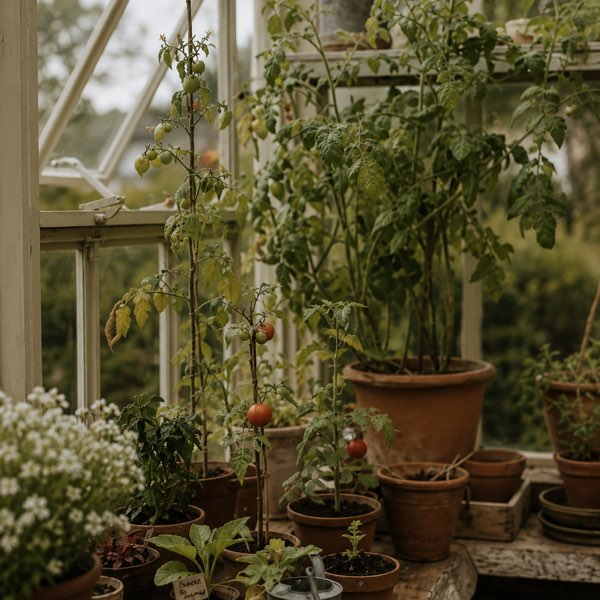 Tomato vines growing in terracotta pots inside a sunlit greenhouse